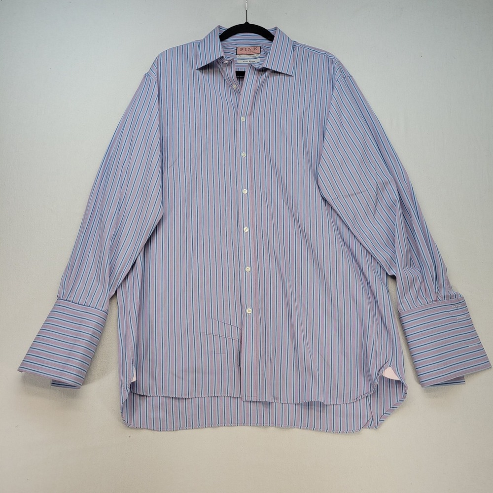 Thomas Pink Dress Shirt Mens 17.5 / 35.5 Blue Pink Striped French Cuff Cotton